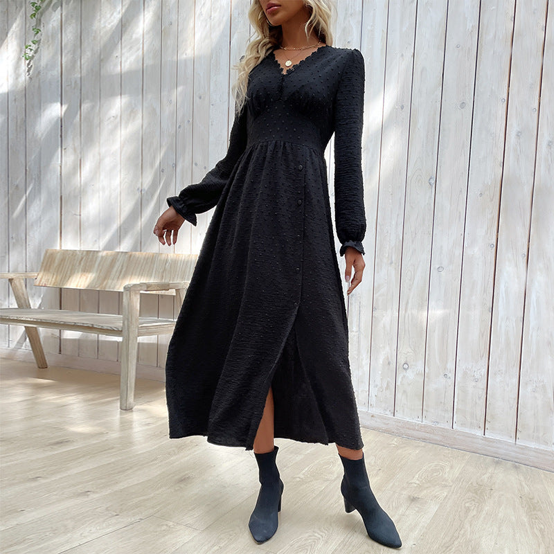 Damen elegantes Knielanges Kleid mit dekorativen Knopfdetails Drune