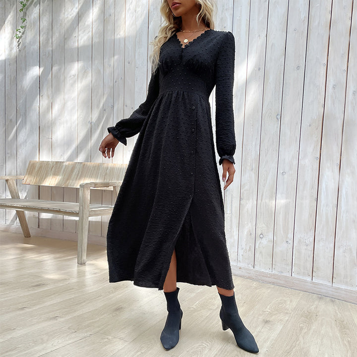 Damen elegantes Knielanges Kleid mit dekorativen Knopfdetails Drune