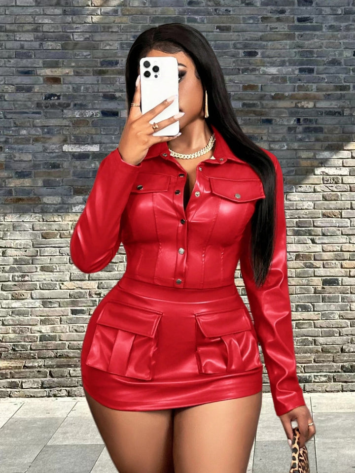 Damen Kunstleder Minikleid mit praktischen Klappentaschen Drune