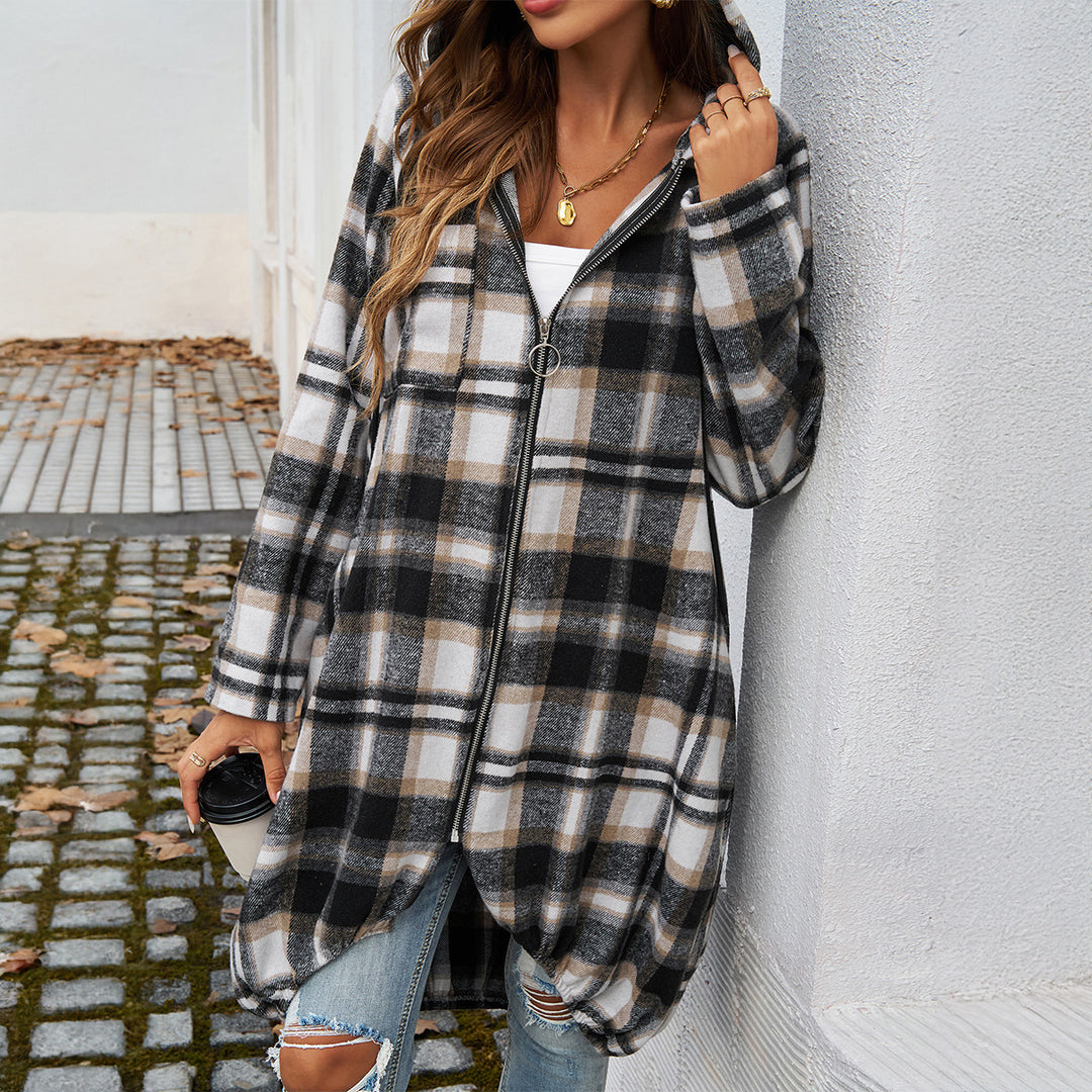 Damen Karierte Longjacke mit Kapuze und Taschen Drune