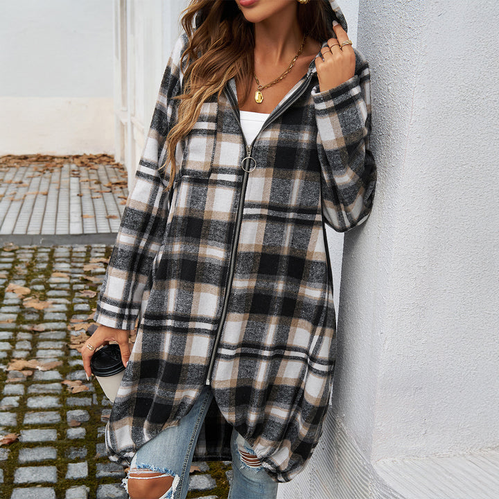 Damen Karierte Longjacke mit Kapuze und Taschen Drune