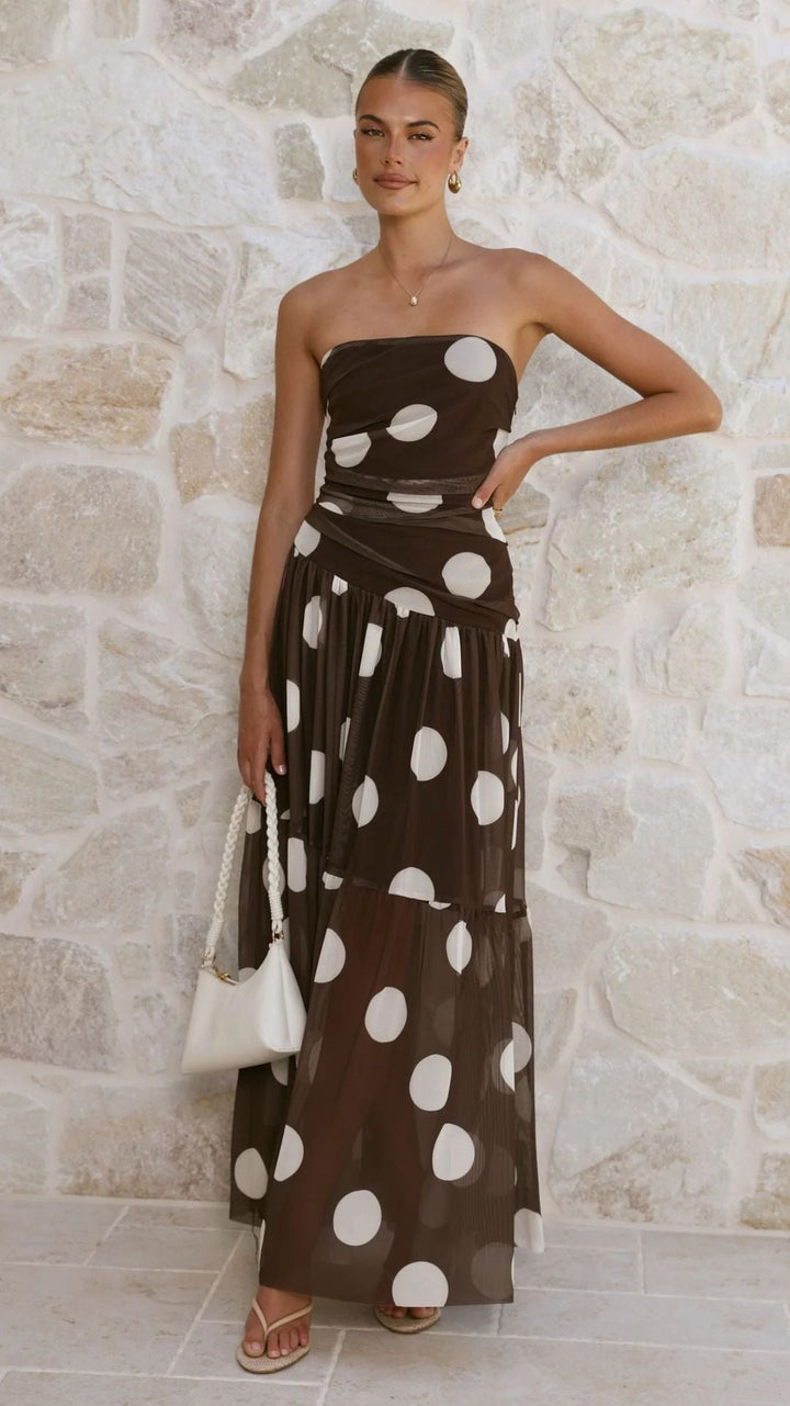 Damen Maxikleid mit schulterfreiem Schnitt und verspieltem Punktenmuster Drune