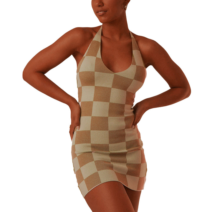 Damen enganliegendes Karomuster-Kleid mit tiefem V-Ausschnitt Drune