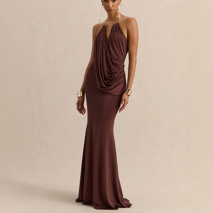 Damen Raffiniertes Maxikleid mit tiefem V-Ausschnitt und Drapierung Drune