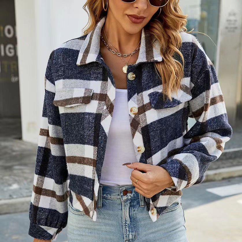 Damen Karierte Utility-Jacke mit voluminösen Ärmeln und Knopfleiste Drune