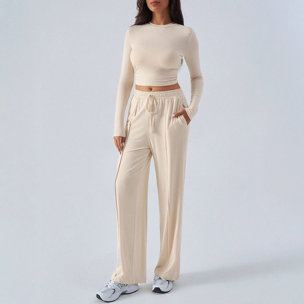 Damen lässiges Lounge-Set mit langärmligem Crop-Top und weitem Bund Drune