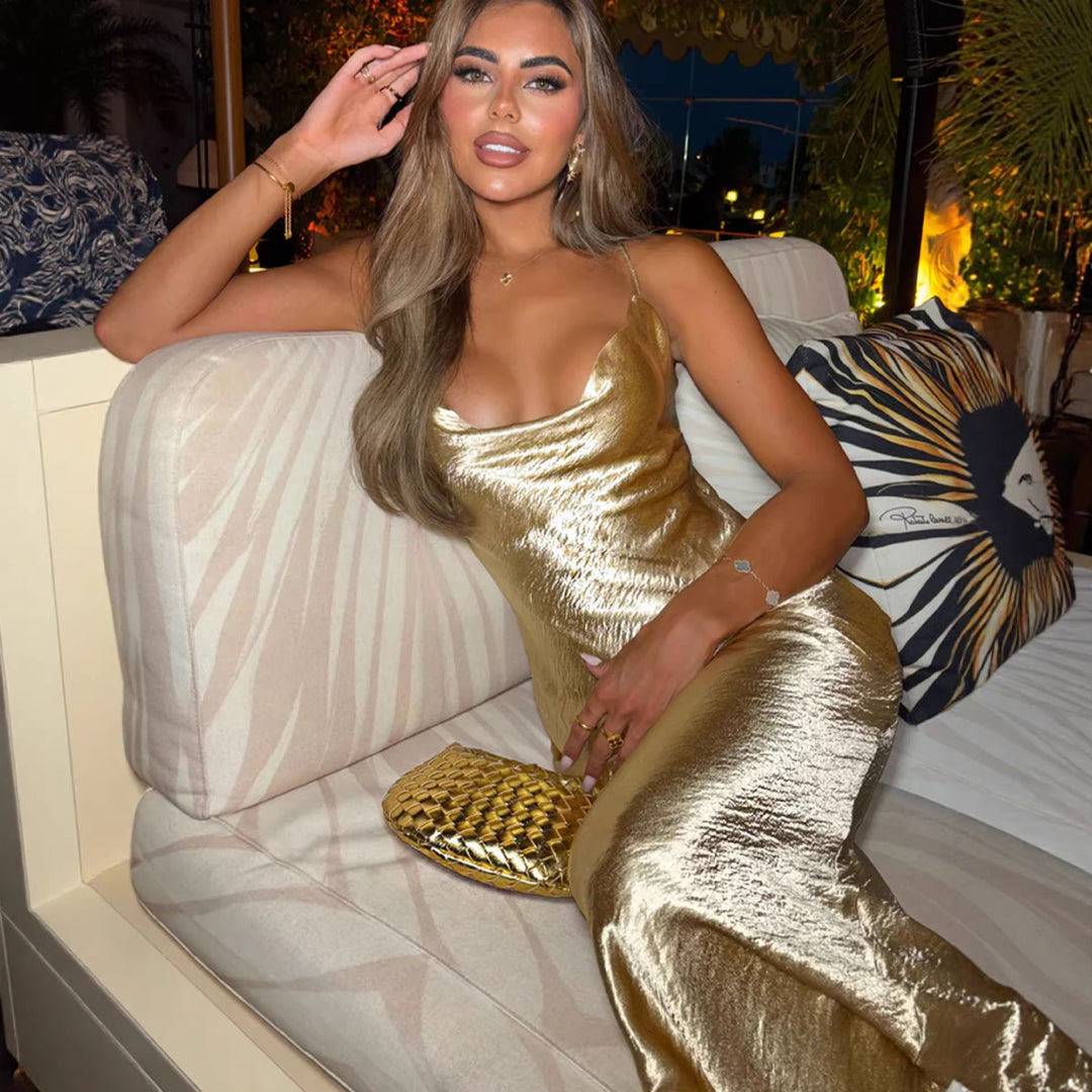 Damen Glamouröses Abendkleid mit schimmerndem Satin und spaghettiträgern Drune