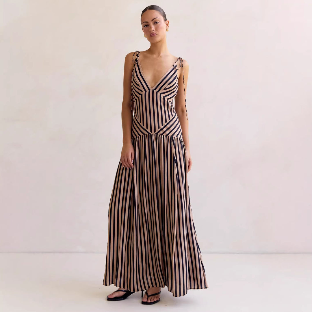Damen Maxikleid mit tiefem V-Ausschnitt und elegantem Streifendesign Drune