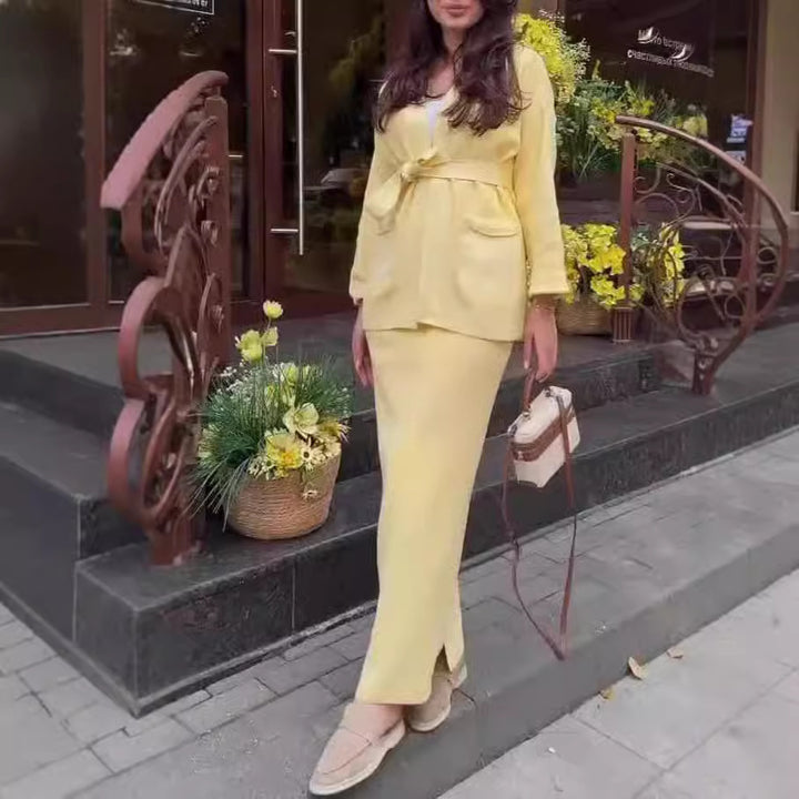 Damen elegantes Bleistiftkleid mit modischer Blazerjacke und praktischen Taschen Drune