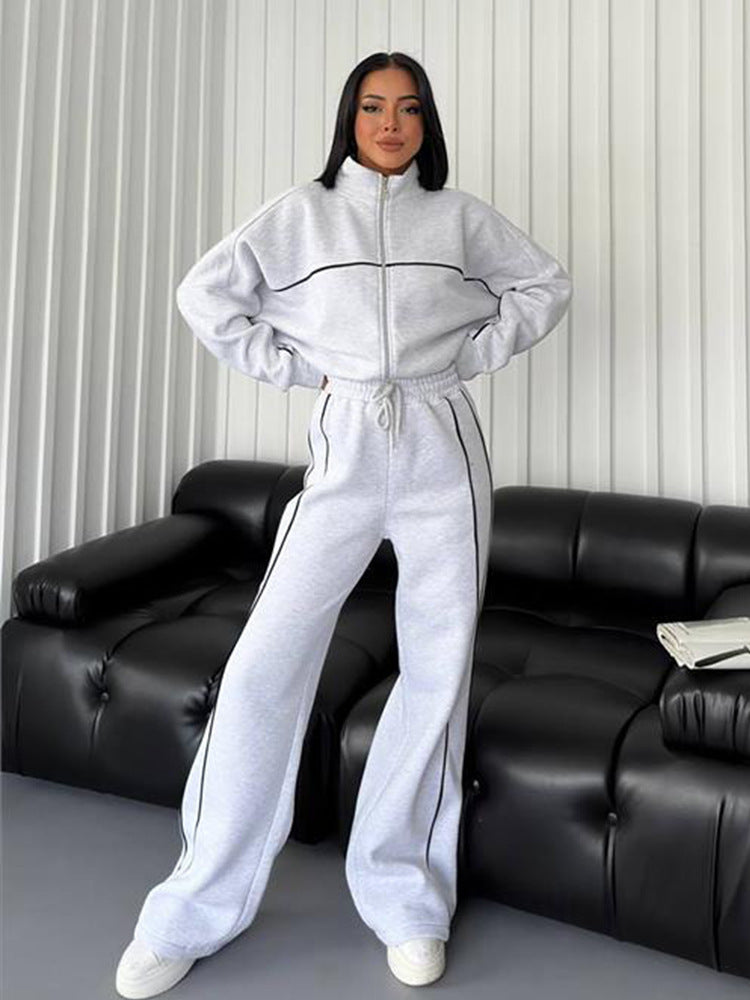 Damen Sportliches Zweiteiler-Set mit hochgeschlossenem Sweatshirt und weiten Hosen Drune