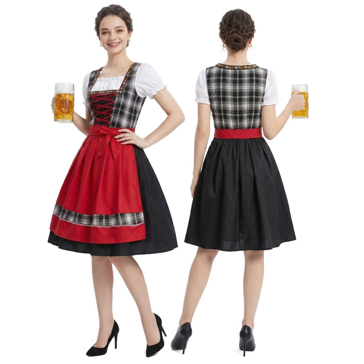 Damen nan traditionelles Dirndlkleid mit Schürze geschnürtem Mieder und kariertem Oberteil Drune