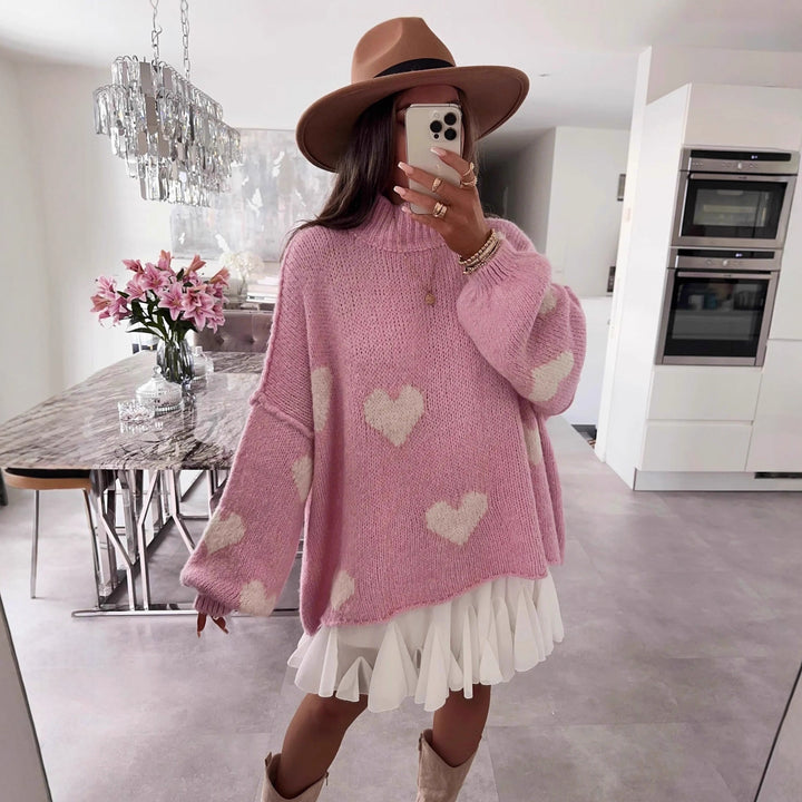 Damen grob gestrickter Pullover mit Herzmotiven und lässigem Schnitt Drune