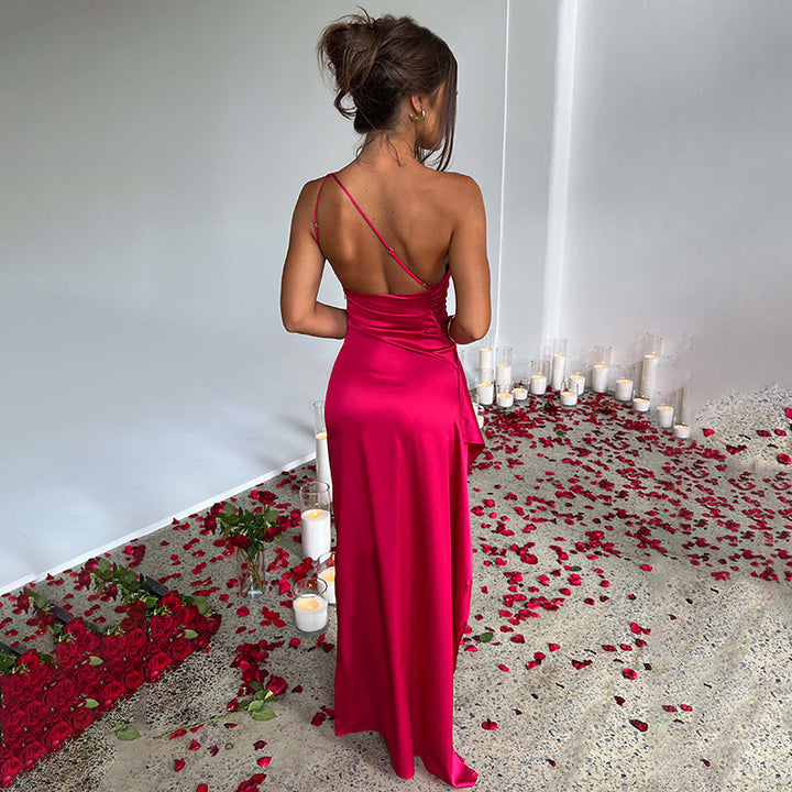 Damen elegantes asymmetrisches Maxikleid mit hochgeschlitztem Saum und fließendem Material Drune