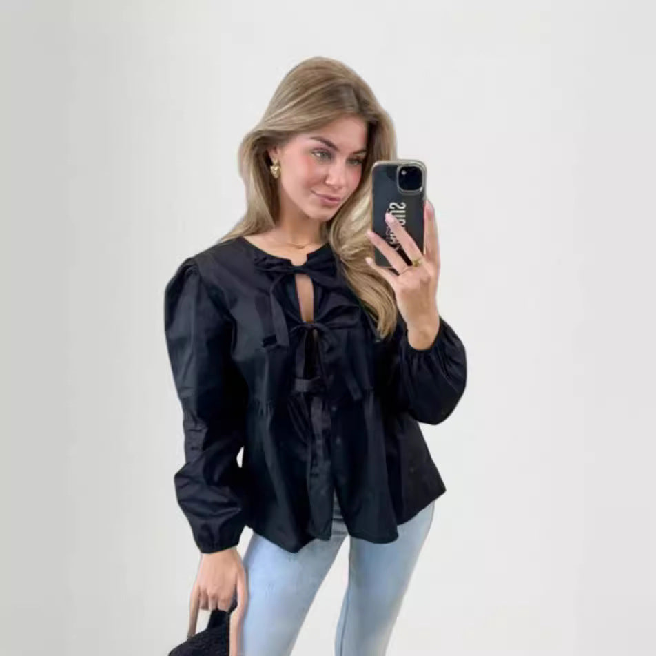 Damen Bluse mit Volantärmeln und Schleifenband Drune