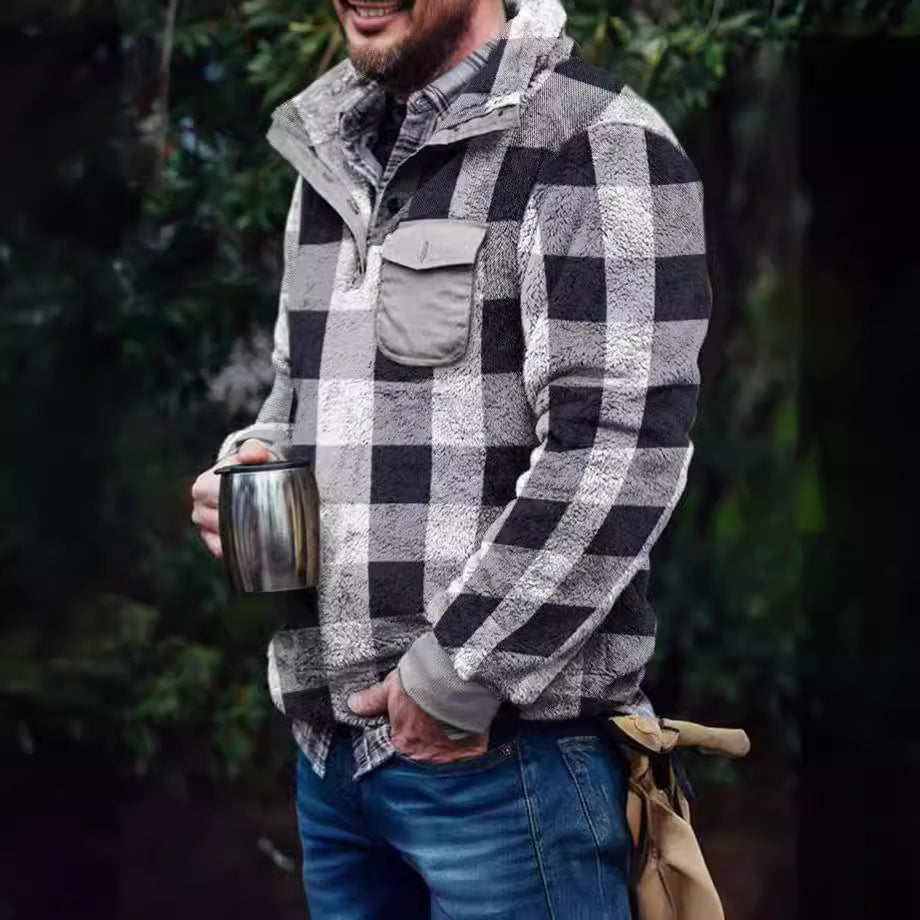 Herren Fleece-Pullover mit Karomuster und Hohem Kragen Drune