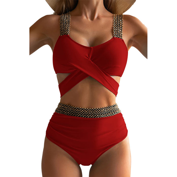 Damen Hochgeschnittener Bikini mit modischem Wickeloberteil und glamourösen Akzenten Drune