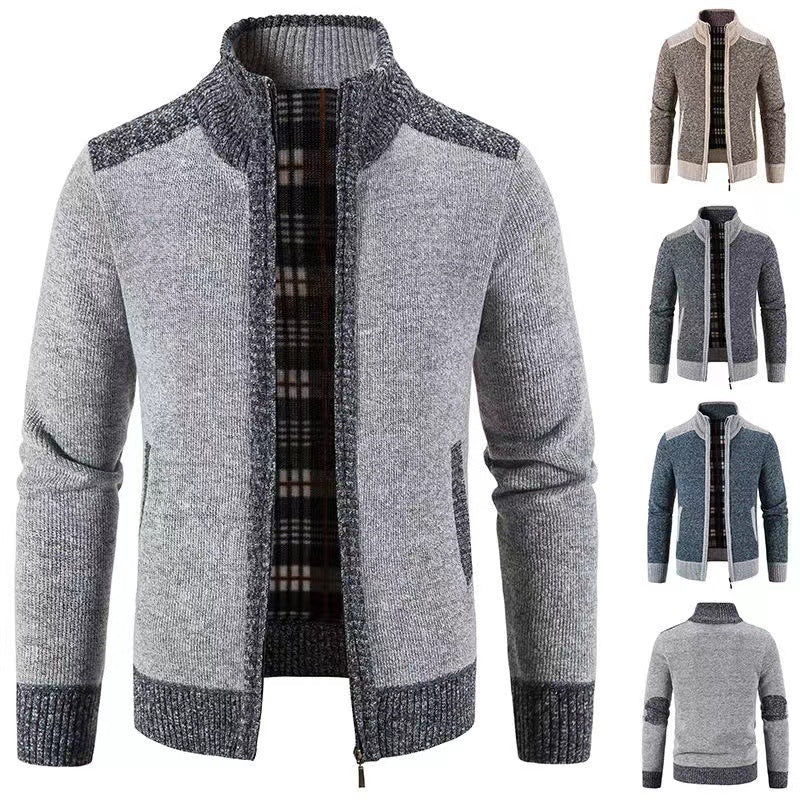 Herren nan gefütterte Reißverschluss-Strickjacke mit Stehkragen, wärmender Karofleece-Innenseite und gerippten Bündchen Drune