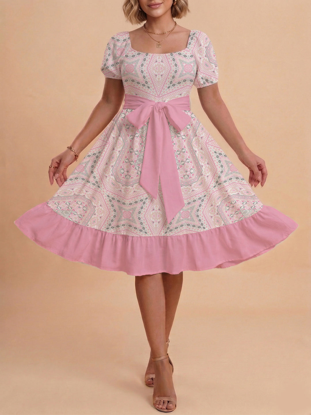 Damen modernes Blumenkleid mit elegantem Taillengürtel und asymmetrischem Saum Drune