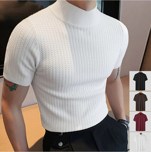 Herren nan kurzärmliges Stehkragen-Feinstrickshirt mit feiner Rippstruktur Drune