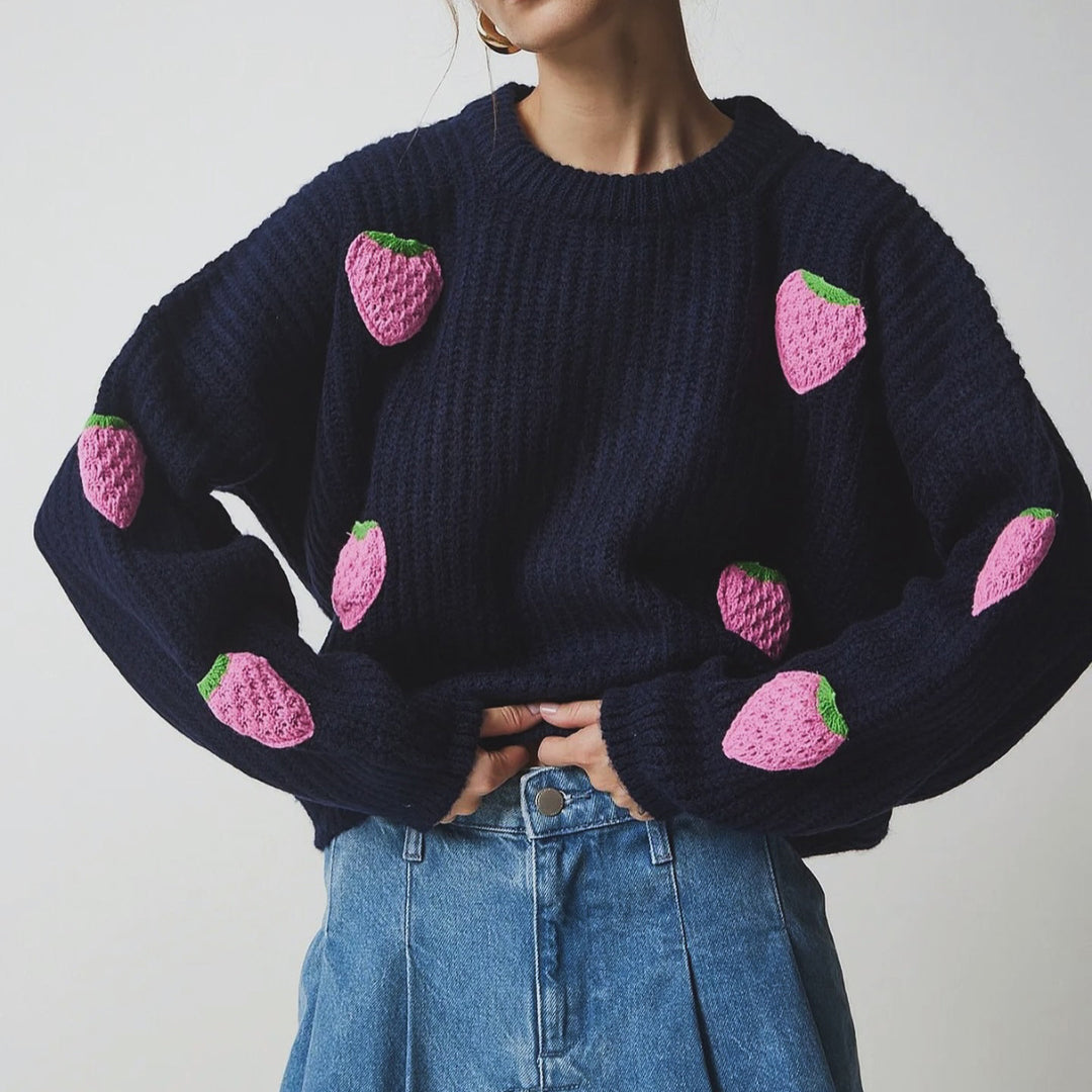 Damen Strickpullover mit einzigartigem Erdbeerdesign und komfortablem Schnitt Drune