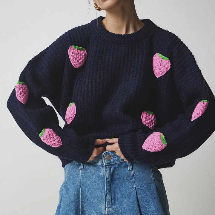 Damen Strickpullover mit einzigartigem Erdbeerdesign und komfortablem Schnitt Drune