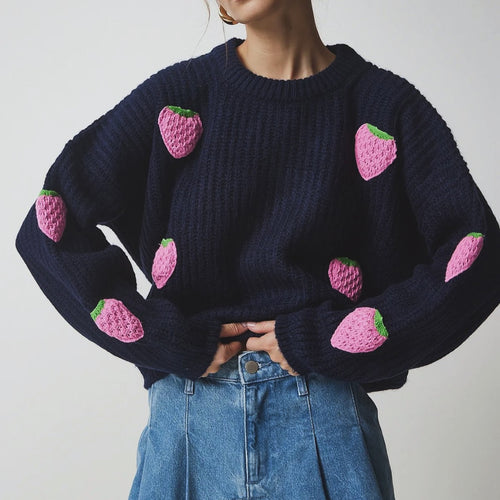 Damen Strickpullover mit einzigartigem Erdbeerdesign und komfortablem Schnitt Drune