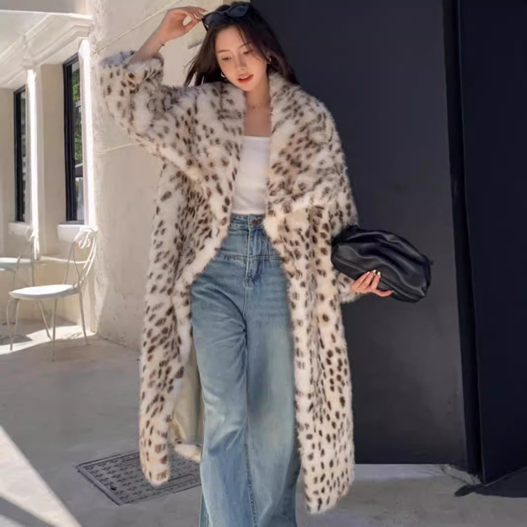 Damen Eleganter Leopardmuster-Fellmantel Drune