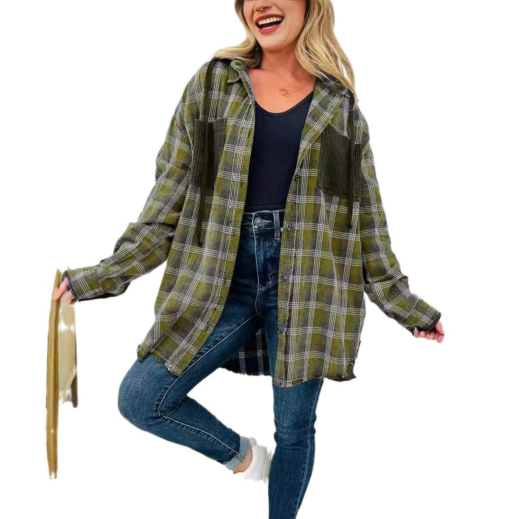 Damen Oversized Karo-Hemdjacke mit fransigen Details Drune