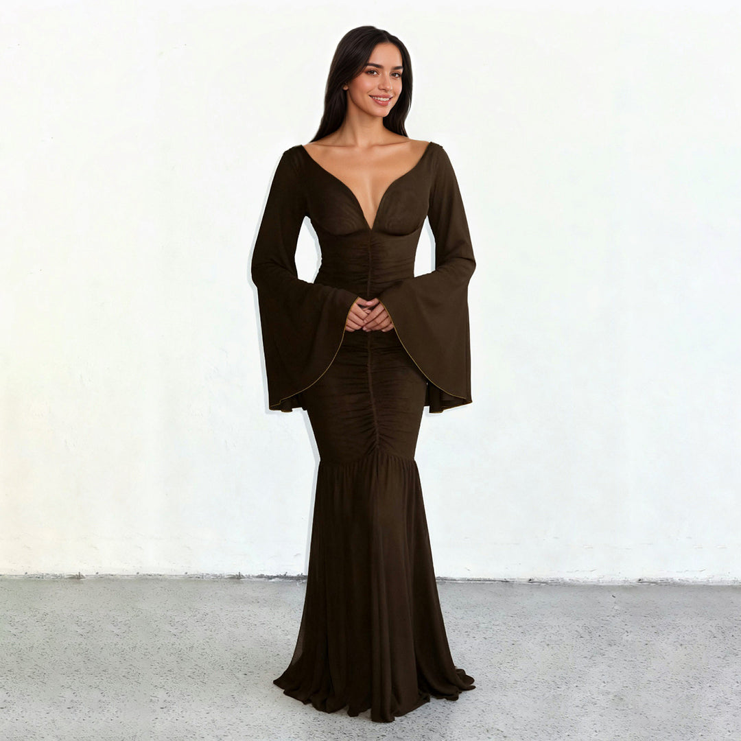 Damen langes Wickelkleid mit dramatischen Schößchenärmeln und cut-out Design Drune