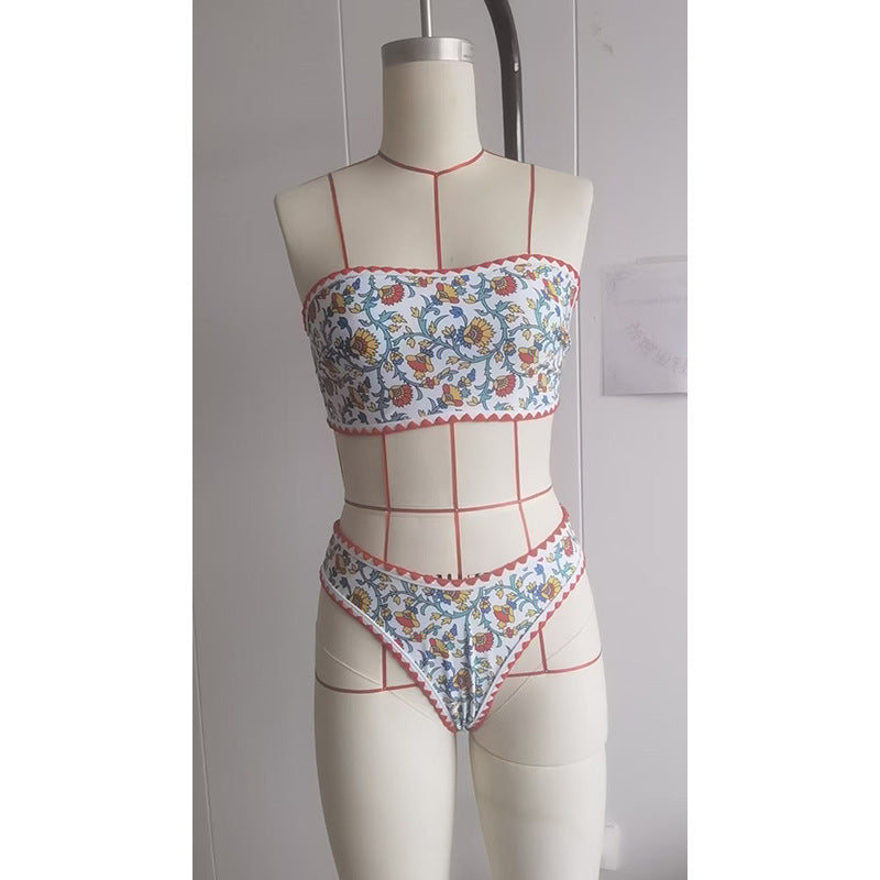 Damen Zweiteiler-Bikini mit floralen Stickereien und kontrastierendem Saum Drune