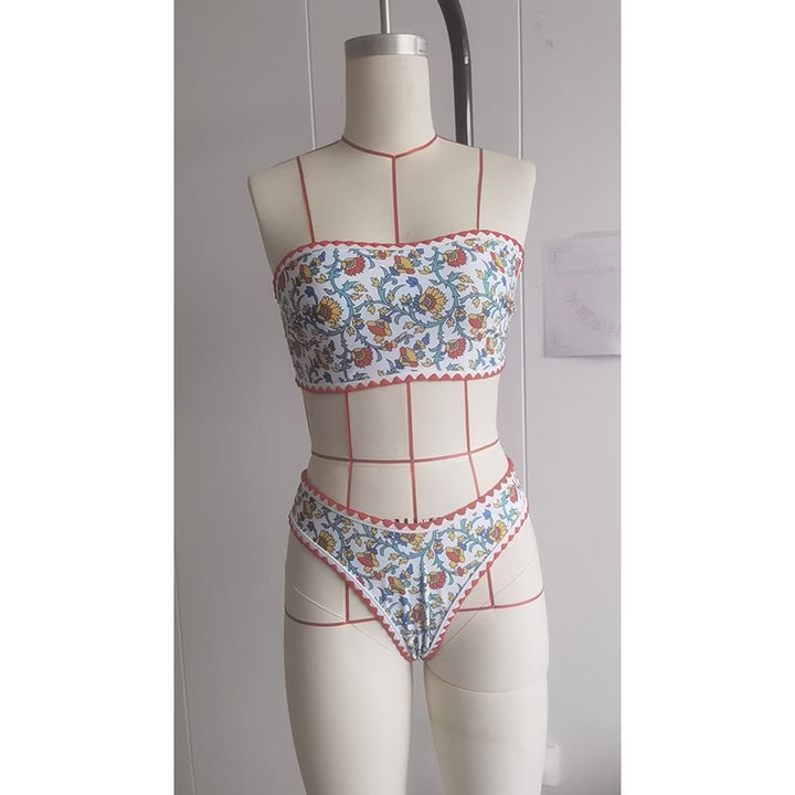 Damen Zweiteiler-Bikini mit floralen Stickereien und kontrastierendem Saum Drune