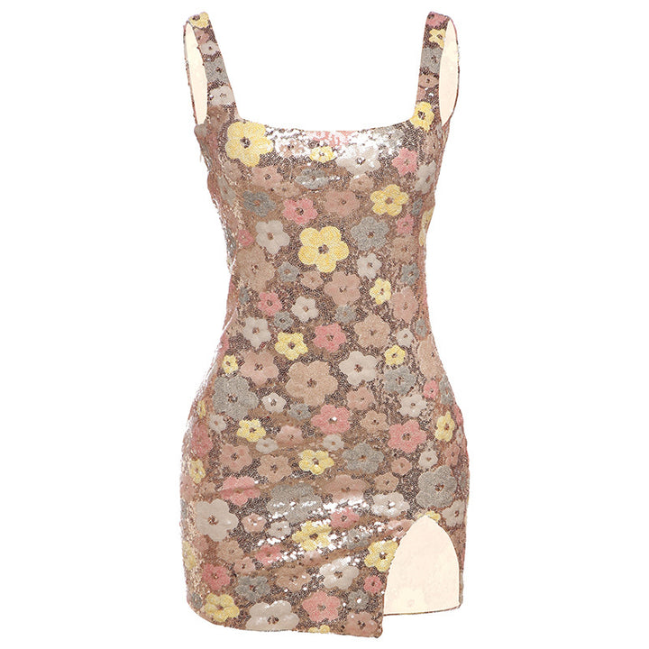 Damen Glitzerndes Minikleid mit floralem Design und seitlichem Schlitz Drune