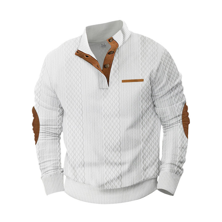 Herren nan strukturiertes Halbknopf-Pullover mit gesteppter Oberfläche, Ellbogen-Patches und Stehkragen Drune