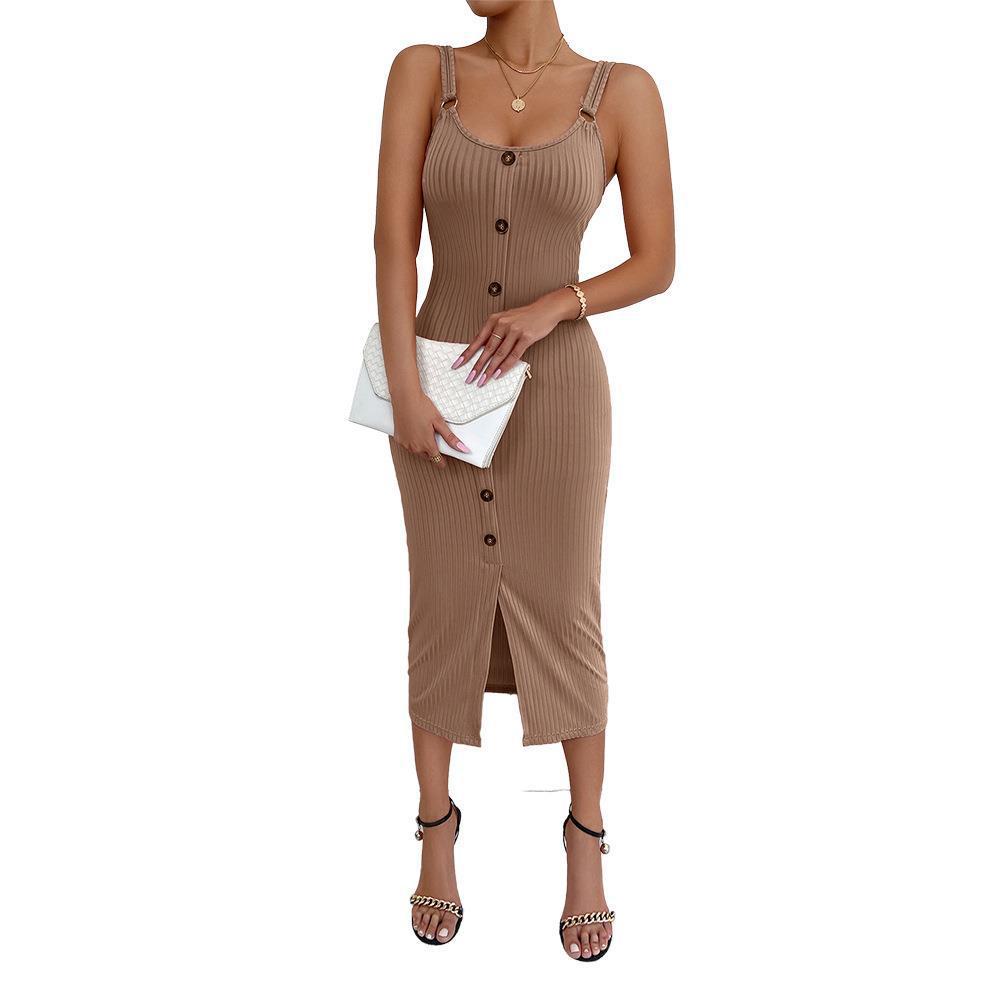 Damen knielanges figurbetontes Kleid mit Knopfleiste und Spaltung Drune