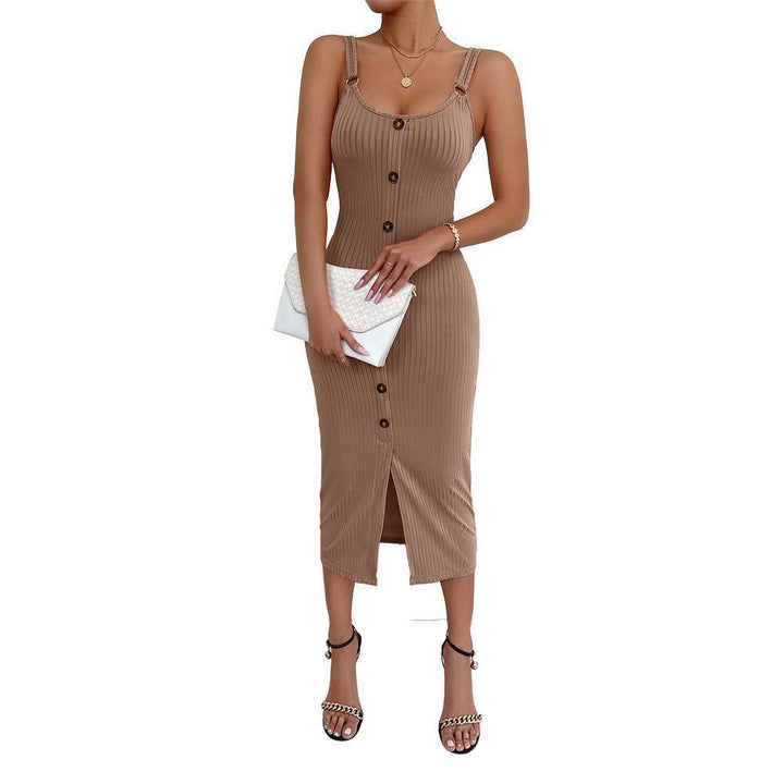 Damen knielanges figurbetontes Kleid mit Knopfleiste und Spaltung Drune