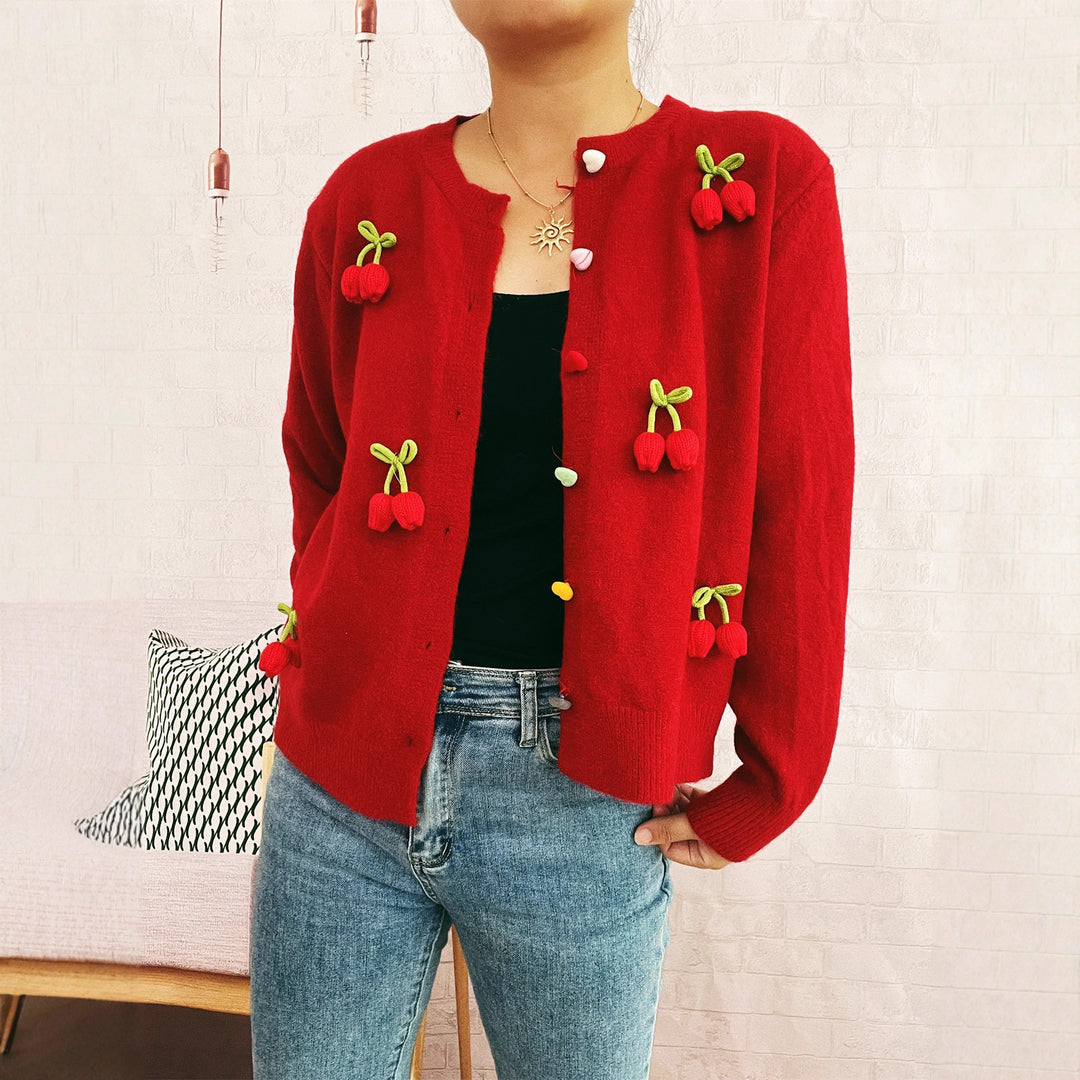 Damen Strickjacke mit floralem Design und farbenfrohen Knopfdetails Drune