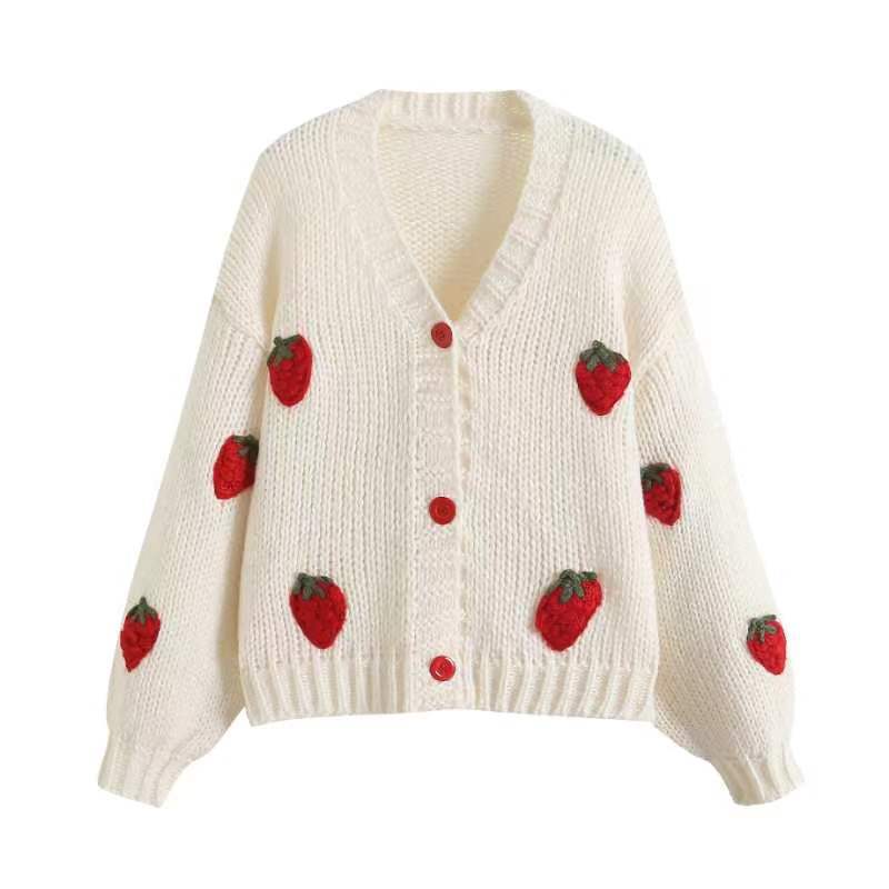 Damen Bestickter Erdbeer-Button-Up-Cardigan Drune