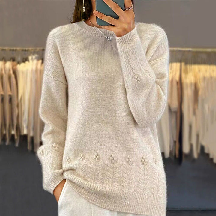 Damen nan kuscheliger Oversize Kaschmir-Mix Pullover mit Zopfmuster und Perlenapplikation Drune