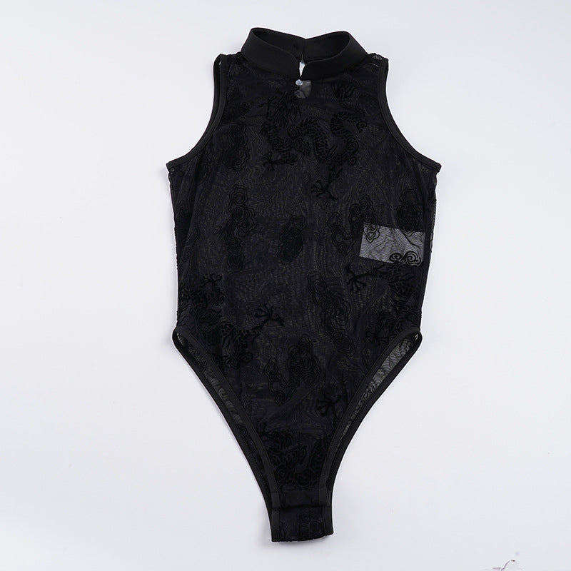 Damen Spitzen Body mit kleinem Stehkragen und transparenten Einsätzen Drune