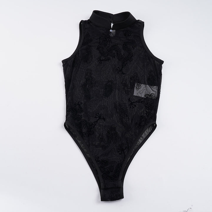 Damen Spitzen Body mit kleinem Stehkragen und transparenten Einsätzen Drune