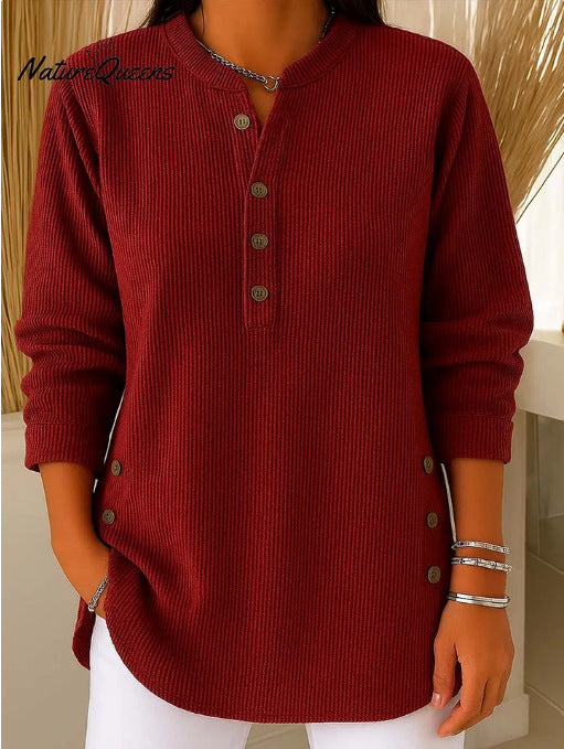 Damen Langarmshirt mit Knopfleiste und modernen Seitenknopfdetails Drune