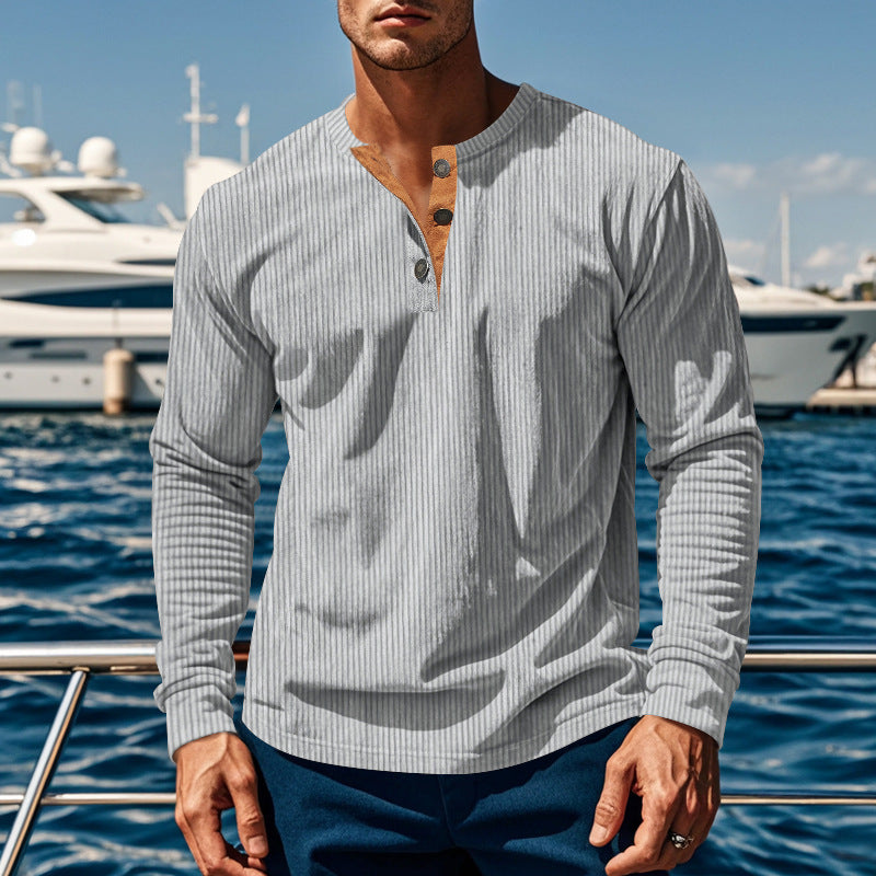 Herren nan gerippter Langarm-Henleypullover mit kurzem Stehkragen und dekorativer Knopfleiste Drune