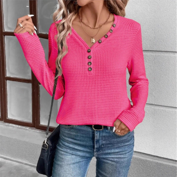 Damen Waffelstruktur Langarmshirt mit Knopfleiste Drune