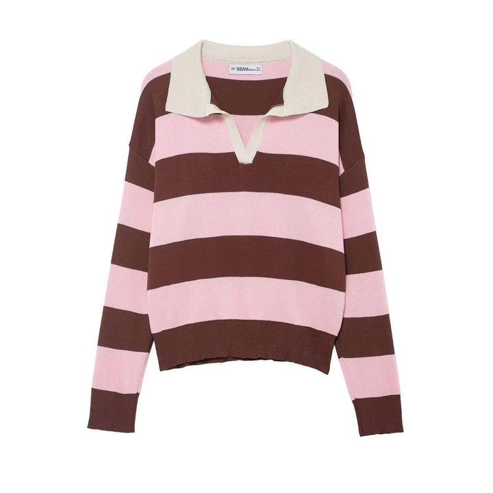 Damen nan gestreifter Rugby-Pullover mit Polokragen, V‑Ausschnitt und verlängerten Rippbündchen Drune