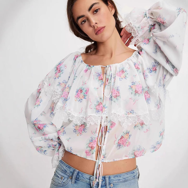 Damen Bluse mit romantischen Rüschen und floralem Muster Drune