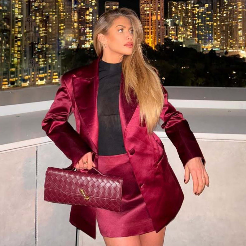 Damen eleganter Satin Blazer mit passendem Minirock Drune