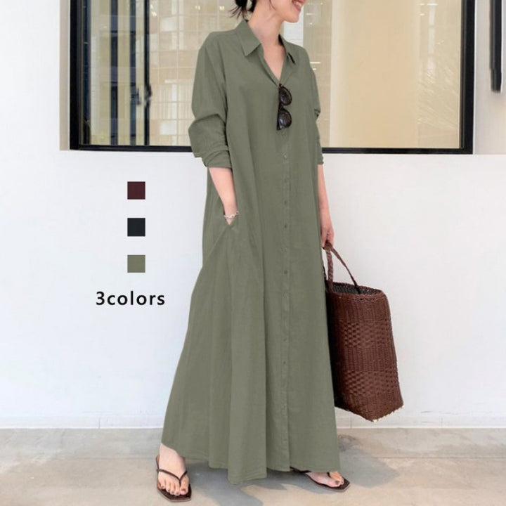 Damen Hemdblusenkleid mit langen Ärmeln und Seitentaschen Drune