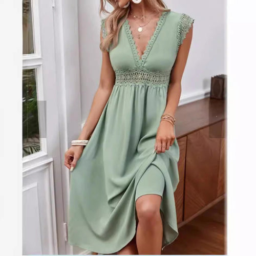 Drune | Spitzen-Hollow-Patchwork-V-Ausschnitt-Kleid
