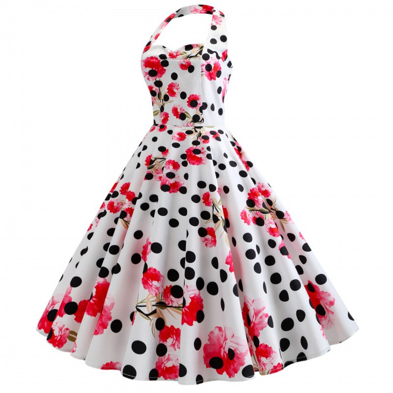 Damen Retro Swingkleid mit floralem Muster und Punkten Drune