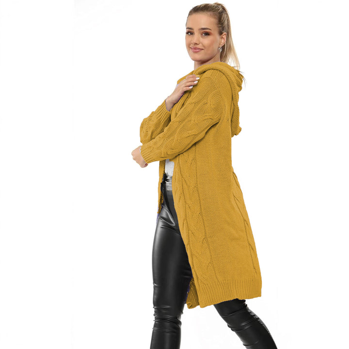 Damen Großer Strickmantel mit Kapuze und aufwendiger Zopfmusterstruktur Drune